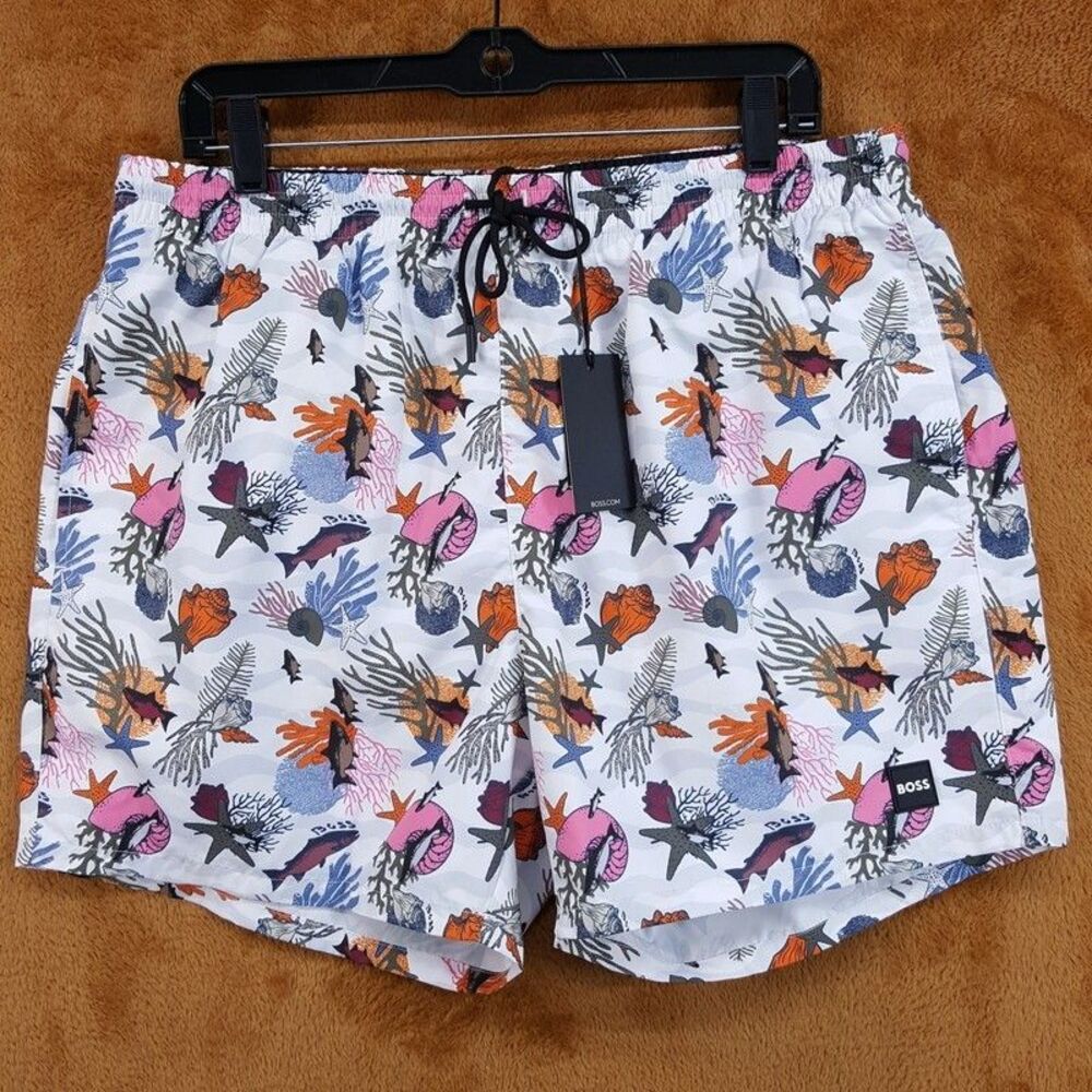 HUGO BOSS Swim Trunks Mens XL White Drawstring Ocean Fish Starfish PIRANHA